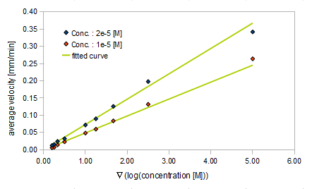 Figure 2. relationship between gradient of Asp conc. and avg. velocity
